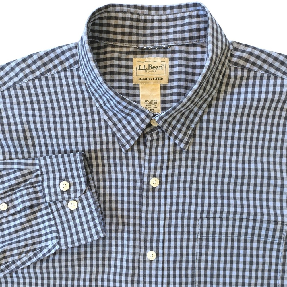 LL Bean Mens Comfort Stretch Performance button down Shirt Gingham Navy Large